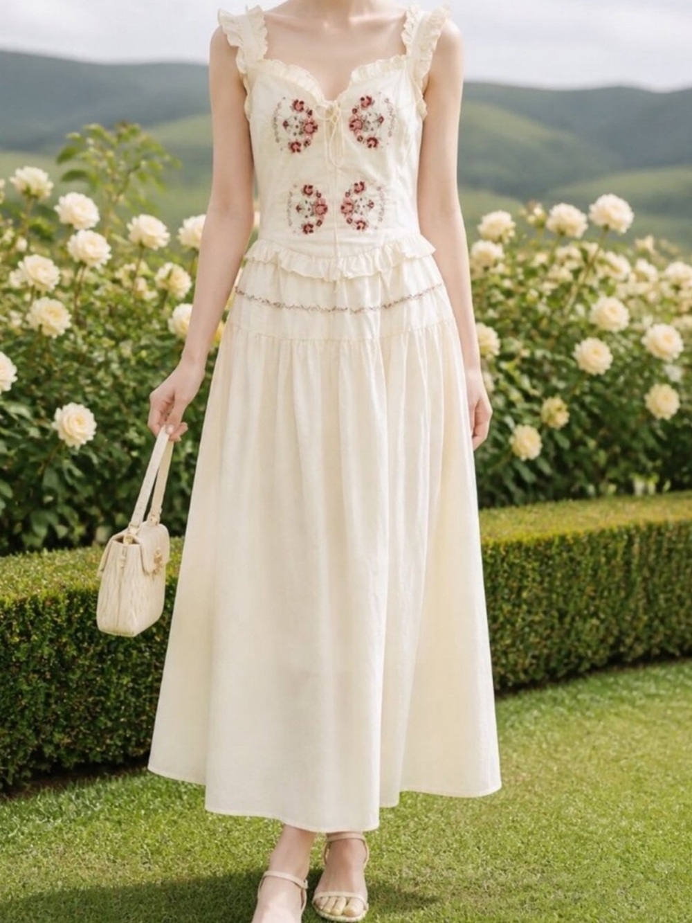 Moon River Cream Midi Dress with Floral Embroidery NWOT